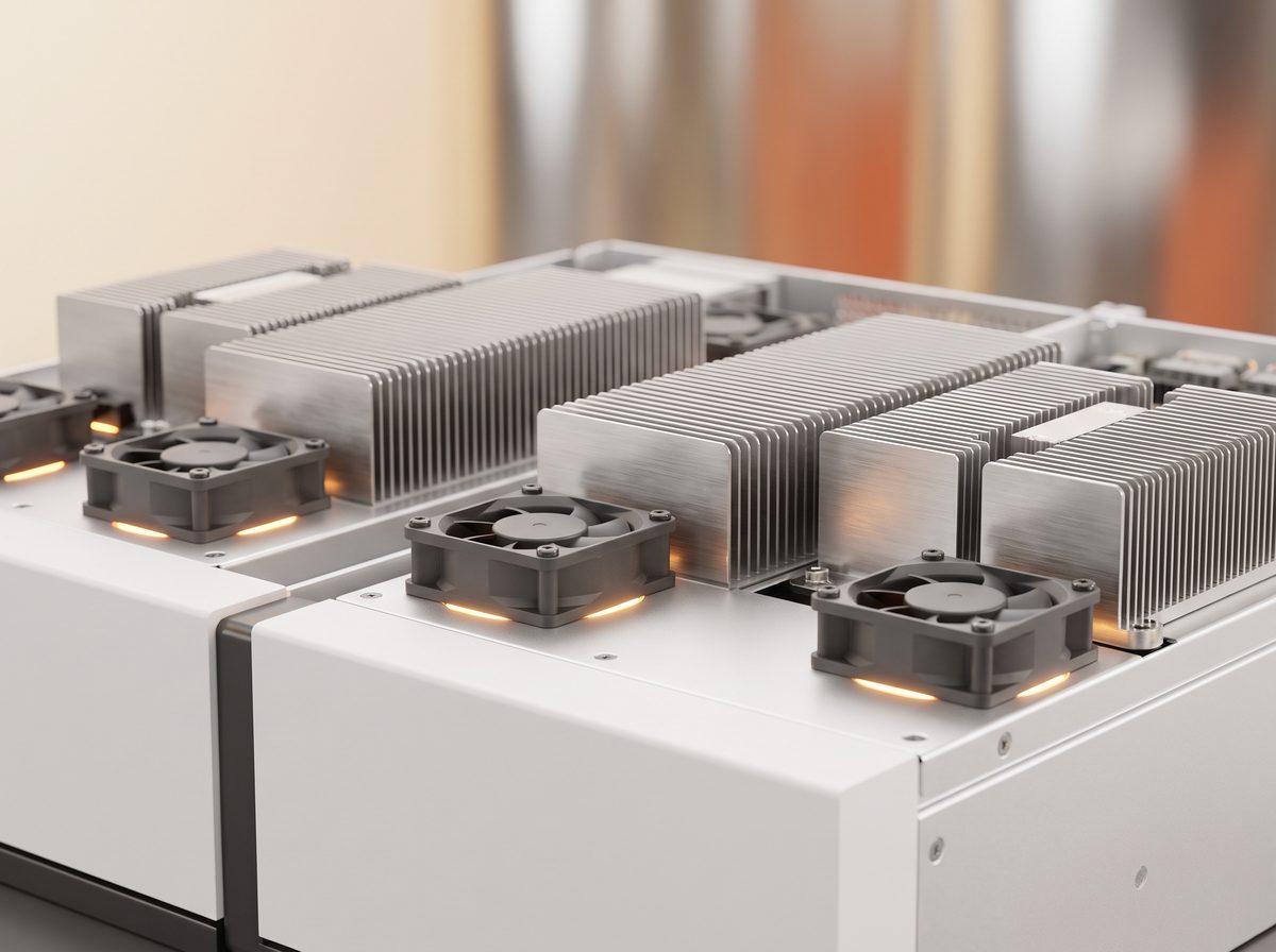 Aluminum heatsink fins and cooling fans on compute hardware